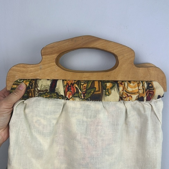 Vintage Sewing Knitting Crafting Bag Wooden Handle Novelty Fabric Old Fashion - Picture 14 of 16
